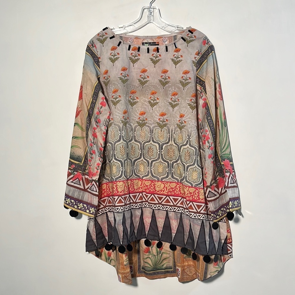 PAREESA Artsy Ethnic Print Hi-Lo Bateau Black Beads/Paillettes Cotton Tunic M